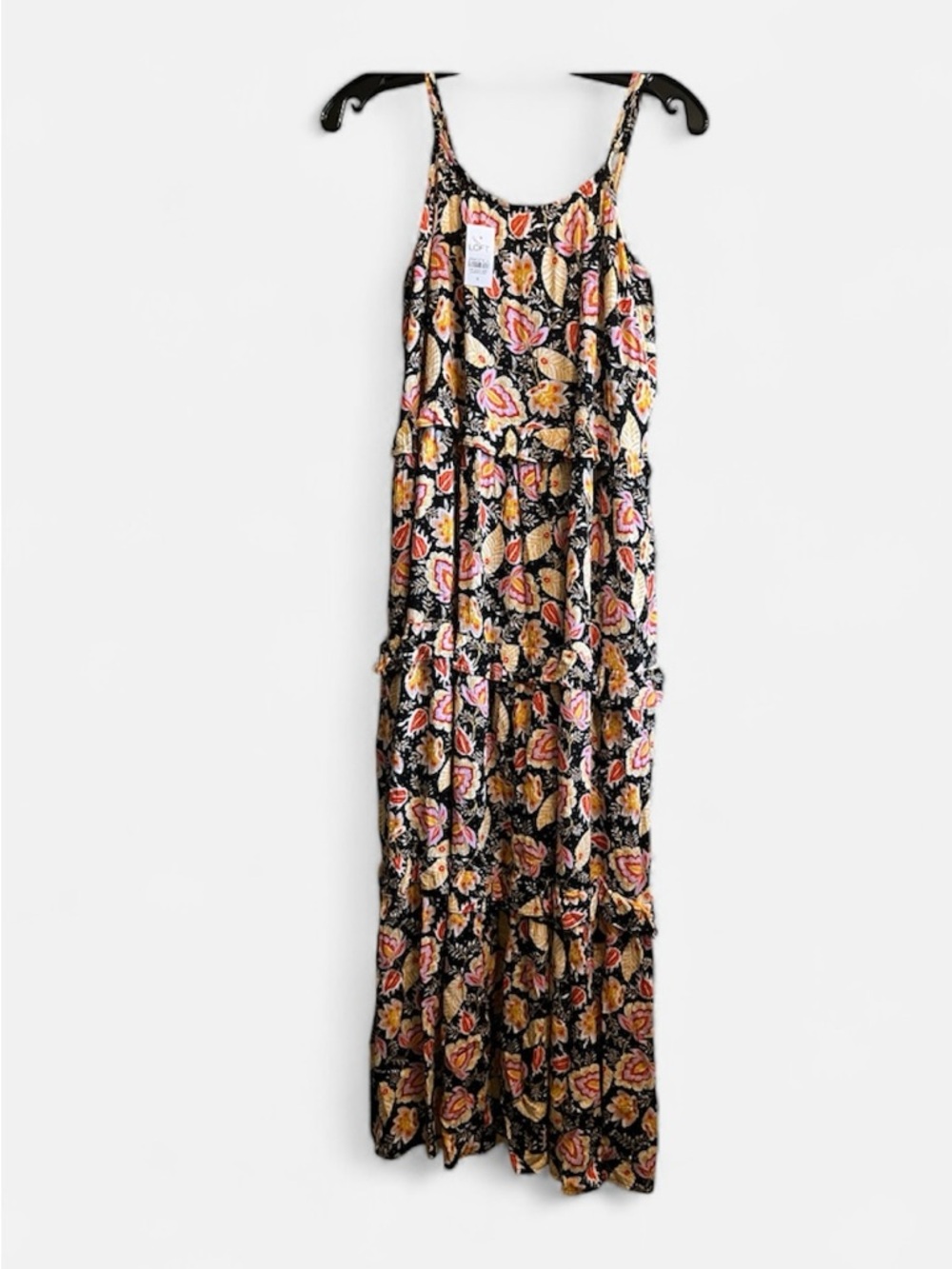 LOFT Black Maxi Sundress with Pink and Yellow Floral Print